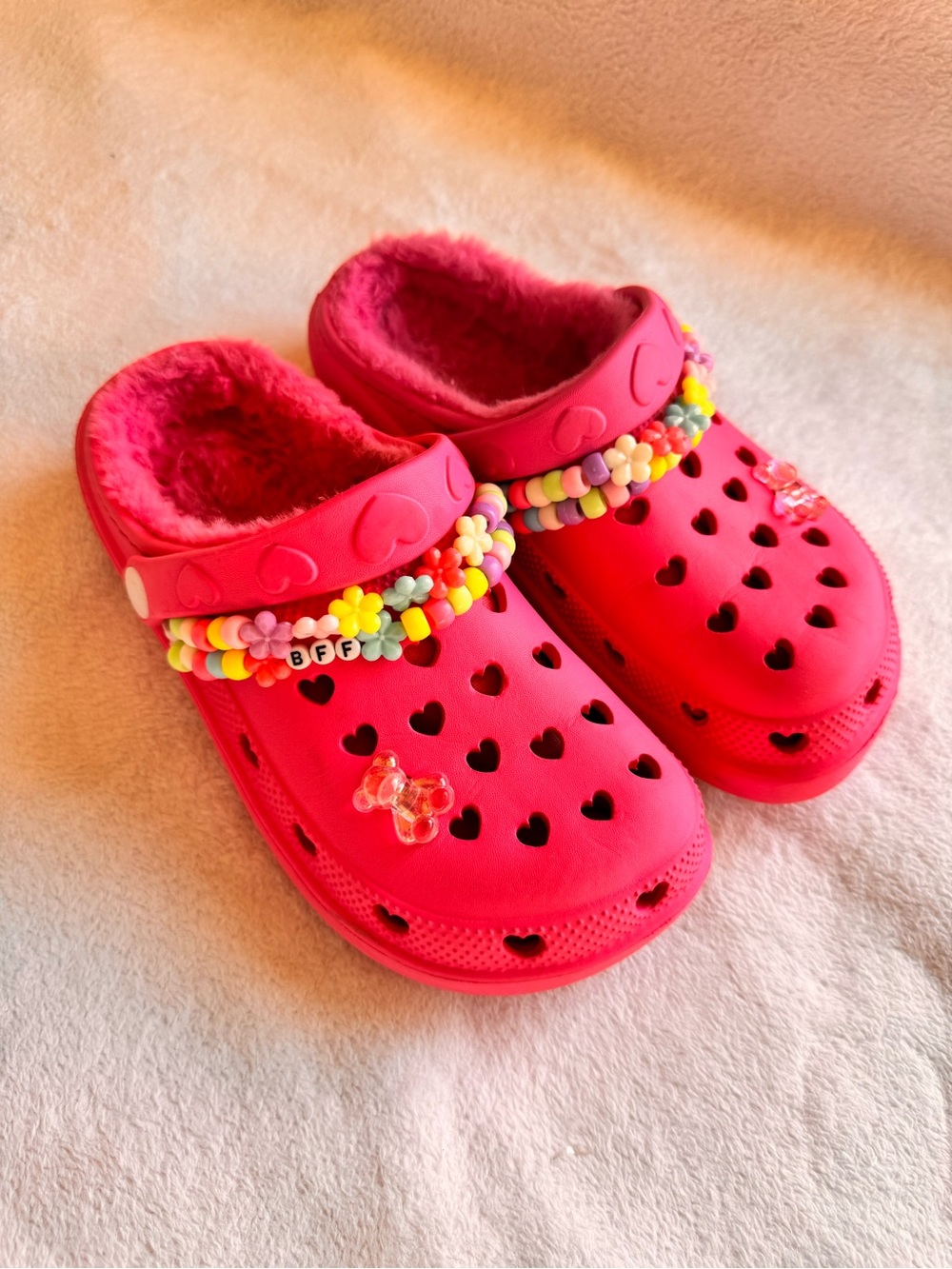 Kids Fuzzy-Lined Pink Clog Shoes with Heart Cutouts